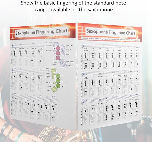 Saksofon begynnerguide Saksofon Greptabell Plakat, Blåse- og Treblåseinstrumenter Saksofon Greptabell Grunnleggende Guide Øvelsessammenligning[ht]