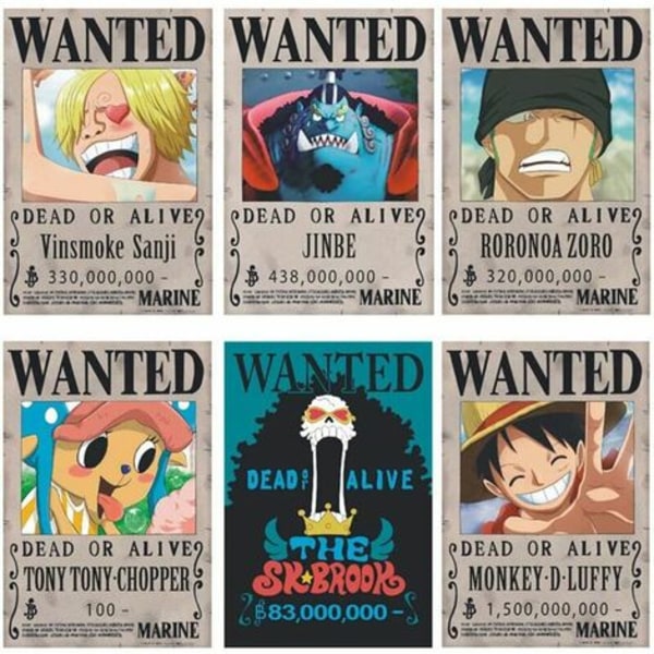 One Piece Wanted Posters 28,5 cm × 19,5 cm, New Edition Kraft Paper Poster, Luffy 1,5 Billion, Set om 24