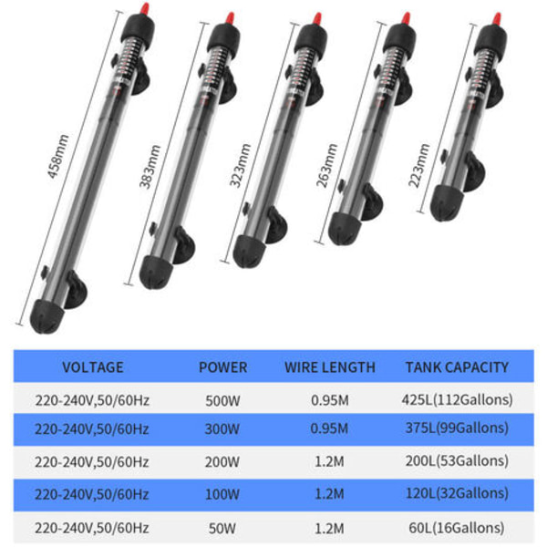 50W/100W/200W/500W akvarievarmer 200W justerbar temperatur fisketankvarmer