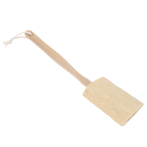 Eksfolierende, skånsom loofah-badebørste med avtakbart langt trehåndtak