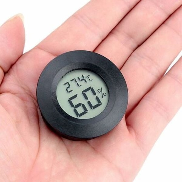 Mini 4,5 cm sort digitalt termometer hygrometer，Digital LCD-skærm Indendørs udendørs bærbare runde termometerbatterier