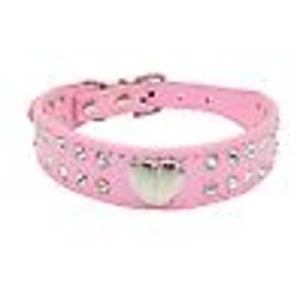 Hjärtformad diamantdubbad PU-läderhalsband Justerbart rosa halsband för små och medelstora hundar