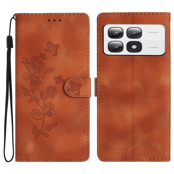 Blomsterpreget PU-etui til Xiaomi 14T Pro Brown