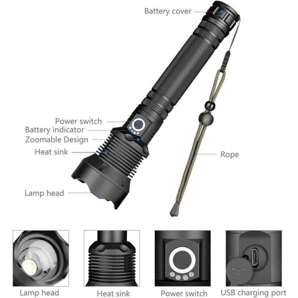 LED-taskulamppu, 90000 lumenia XHP70 Ultratehokas säädettävä zoomattava vedenpitävä taskulamppu, USB ladattava taskulamppu