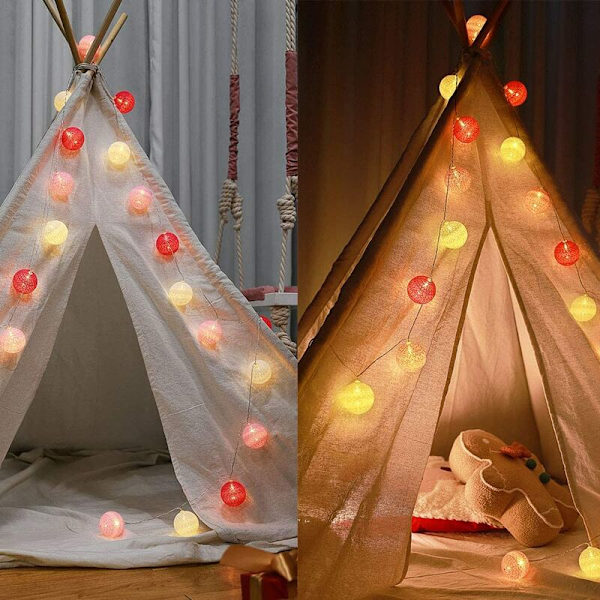 Cotton Ball String Lights, 3M 20 LED-lampor Batteridrivna String Lights Inomhusdekoration 6 cm bollar för bröllop, Vale