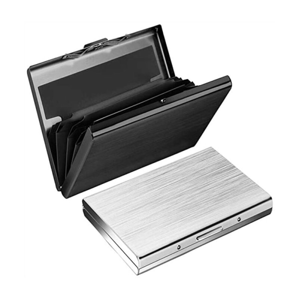 Kredittkortholder i aluminium， Slim metall RFID-blokkerende visittkortveske, 6 spor for kredittkortene dine, 2 deler, svart+sølv，