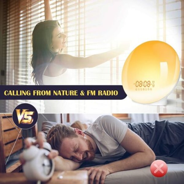 Vækkeur med lys, clockradio daggry og skumringssimulator 7 naturlige lyde Snooze-funktion FM-radio Gul LED-seng
