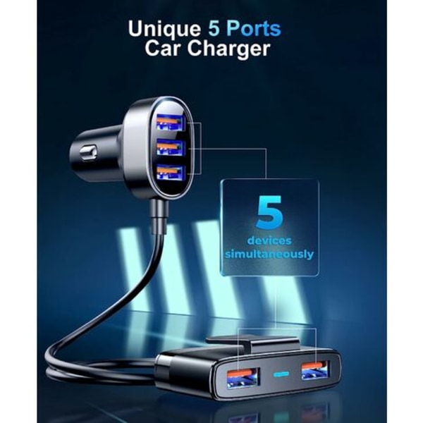 5 multi-port bilopladere, smartphone biloplader, multi-USB biloplader med 1,5 m kabel