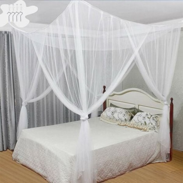 Sengemyggenet, baldakin - firedørs myggenet, passer til de fleste sengestørrelser - hvid