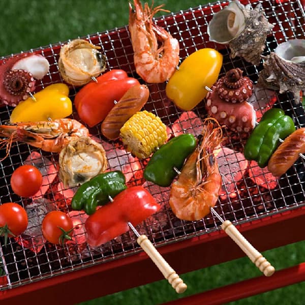 10 stk grillspyd med trehåndtak i rustfritt stål