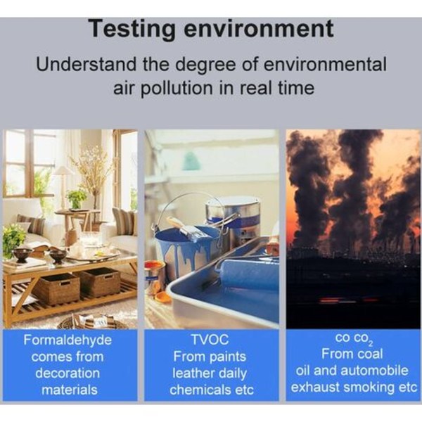 i 1 Multifunksjonell detektor LED-skjerm CO CO2 HCHO TVOC AQI Overvåking Hjemmekontor Høy nøyaktighet Rask deteksjon Air Q