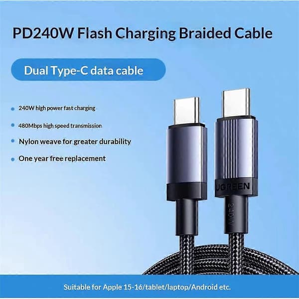 UGREEN L532 65907 1m USB-C–USB-C-kaapeli PD 3.1 240W pikalataus nailonpunottu datakaapeli[ht] MultiColor