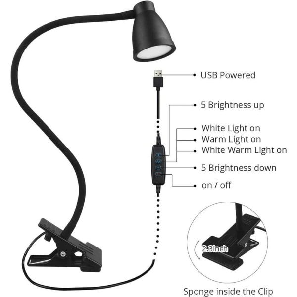 Home Clip bordlampe Øjenbeskyttelse LED bordlampe (sort)，til læsning, belysning