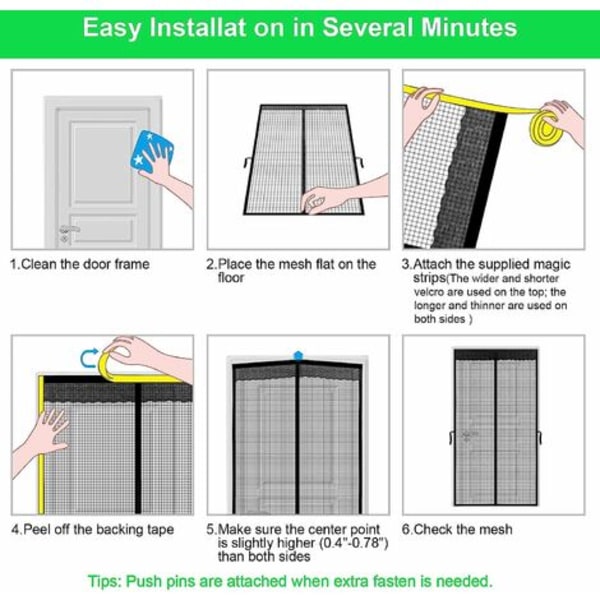 Magnetisk myggenet til dør, top til bund magnetisk tætning, automatisk lukning, holder frisk luft inde (90x200 cm, sød