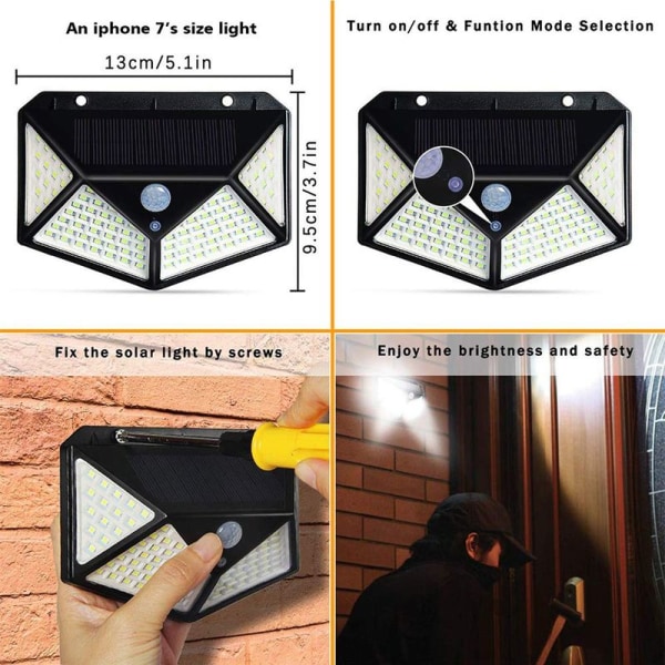 LED Solar Vegglampe Utendørs IP65 Vanntett med PIR Bevegelsessensor 3Mode 1000LM Sasicare, for innendørs og utendørs