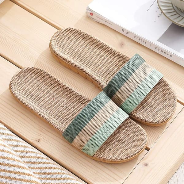 [HT]Tofflor för kvinnor, öppen tå, sommar, linne, regnbåge, bred passform, sandaler, slip-on innetofflor i bambu 6.5