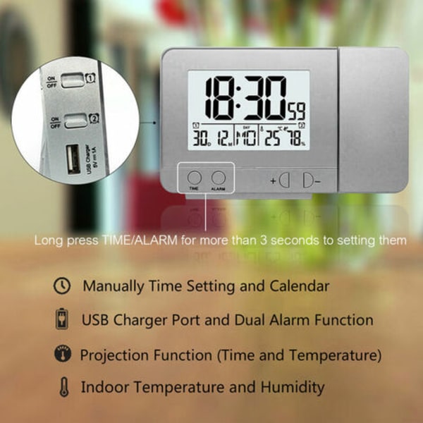 Projektionsväckarklocka för sovrum med termometer Hygrometer Led-tak Projektklocka Digital dimbar display med U