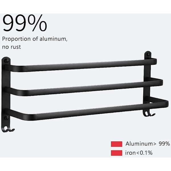 Dubbellager 50 cm svart utrymme handduksställ i aluminium handduksställ badhandduksställ lämplig för badrum, toalett, etc.，för hem