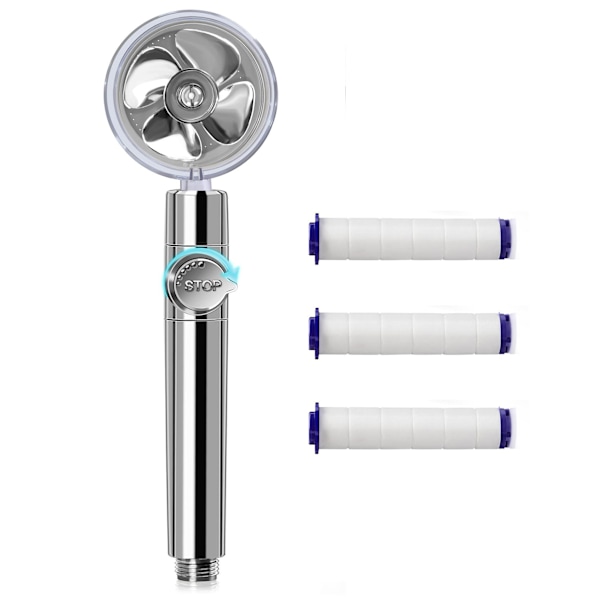 Tryckduschhuvud med trycksatt bi-turbo propellerfläkt 3 filterelement (silver + 3 filterelement)