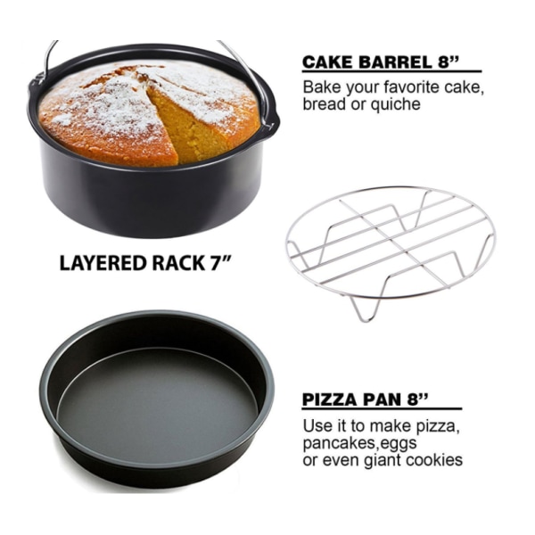 Airfryer tilbehør kakebøtte pizzabrett 5 deler sett