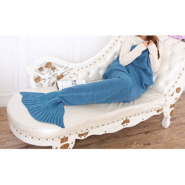 Mermaid Tail filt Varm stickad ullfilt, sjöblå, 90*50cm