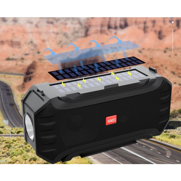 Bärbar FM-radio för utomhussport, subwoofer bluetooth högtalare, solficklampa bluetooth trådlös högtalare (svart),