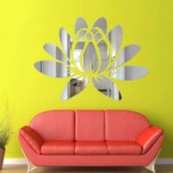 1 st Lotus Wall Sticker Spegel Akryl Blomma Skala och Stick Väggdekaler Väggdekor Väggmålningar för sovrum Badrum Vardagsrum Silver