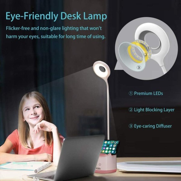 LED-bordlampe med nattlys Bordlampe Leselys ved nattbord for barn Dimbar skrivebordslampe for studier, USB-oppladbar,