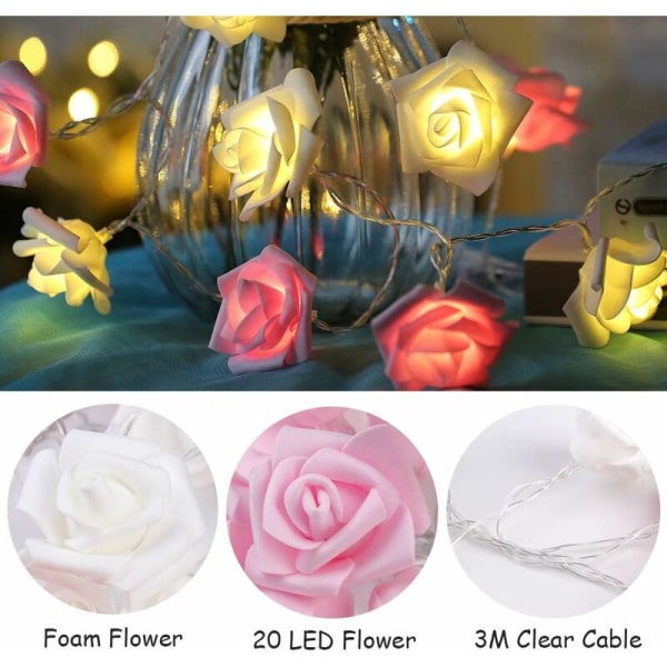USB 3 metriä 20 valoa lämmin valkoinen jauhe + valkoinen ruusu LED-simulaatio ruusu salama valonauha ystävänpäivä häät 12.