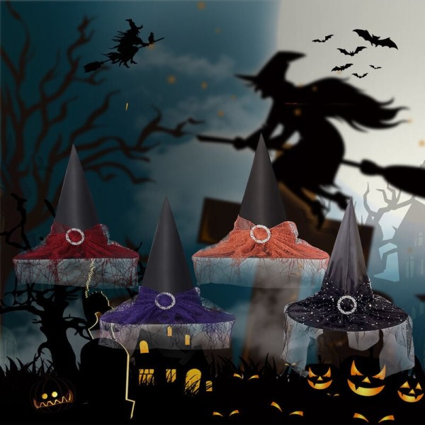 Halloween kostymetilbehør, Mesh Wizard Hat for Barn Voksne, Witch Hodeplagg Hat, Rød – Rød