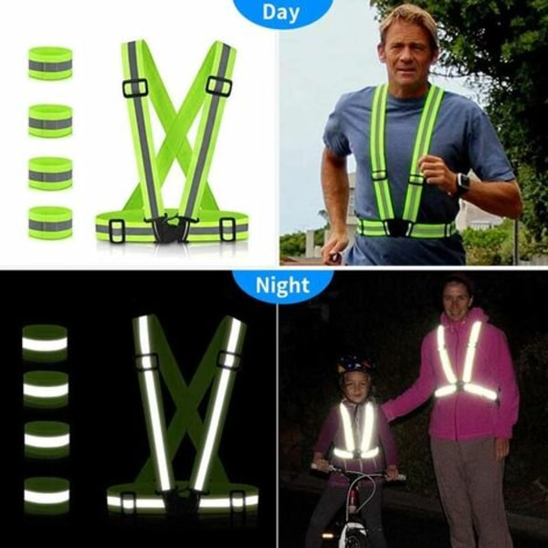 Säkerhetsväst, reflexvästar, 2 gula säkerhetsvästar, 4 reflexarmband, nattlöpning, promenader, cykling och motorcykling, vuxna och barn