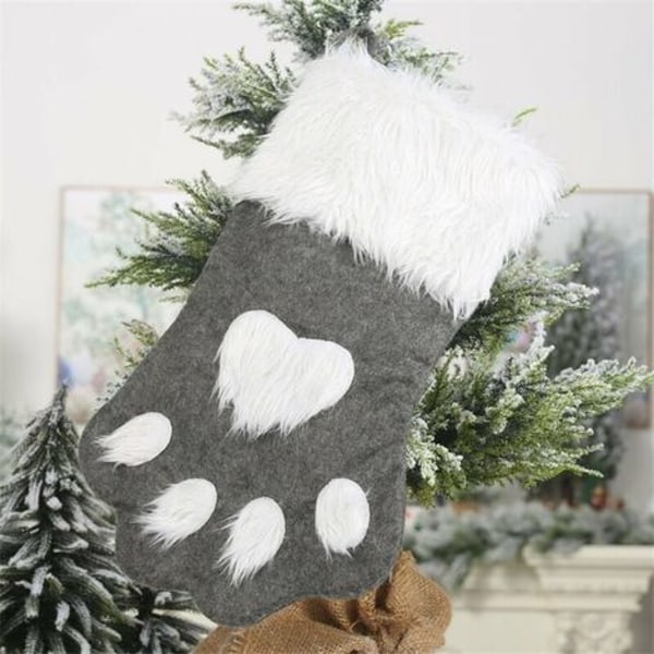 Cat Paw Dog julstrumpor, plysch hängstrumpor för semester och juldekorationer (stor/16,5 tum, vit-grå)