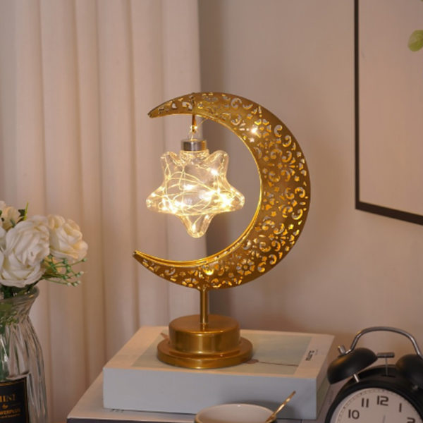 HT bordlampe månelampe med jernåpent mønster, LED hengende måneform dekorativt nattlys stjerne Moon and Stars
