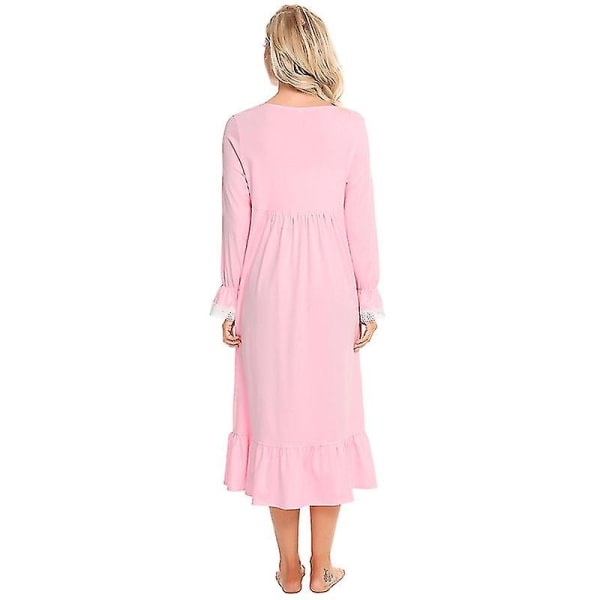 Victoriansk natkjole, langærmet bomulds-søvnskjorte L Pink