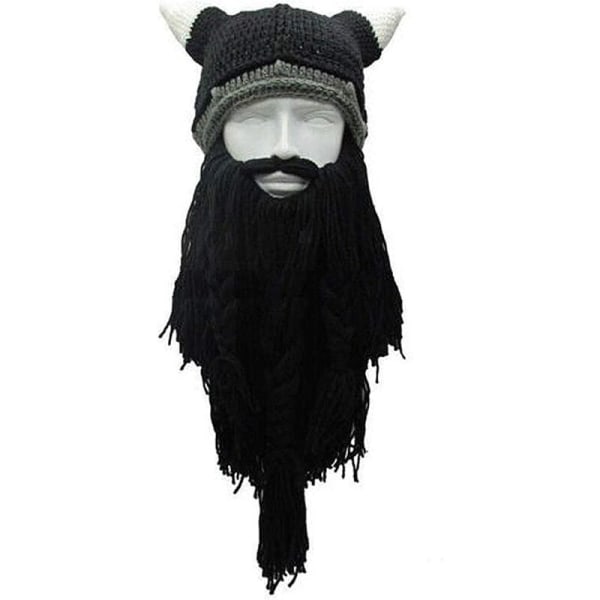 Adult Horn Hat med skæg - Viking Plunderer Beard Hat, Crazy Ski Cap, Winter Warm Christmas Hat Barbarian Vagabond Cosp