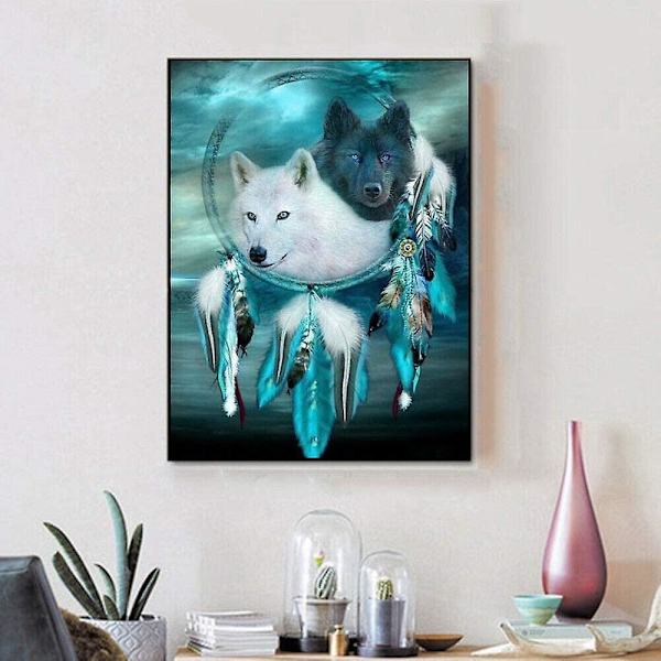 Tee itse diamond painting Ristipistokirjontamaalaustarvikkeet aikuisille / lapsille, musta, valkoinen, tummanvihreä, Dream Catcher Wolf Diamond