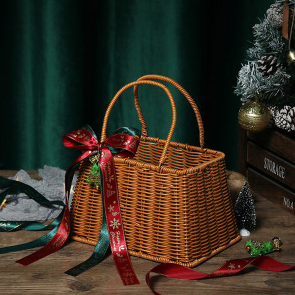Oppbevaringskurv, naturlig tre til jul eller festdekorasjon, bærbar gaveeske i rotting, 26,5*18*16 cm