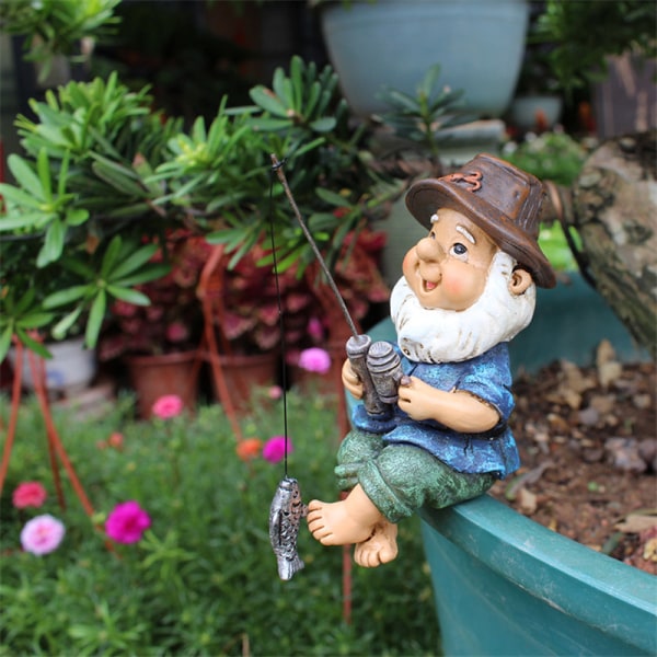 Fiske Gnome Staty Målad Harts Hantverk Utomhus Damm Landskap Prydnad För Gräsmatta Trädgård Innergård Dekor
