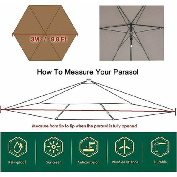 Parasoludskiftningsbetræk - 6 ribben - 3 M - Vandtæt - Anti-Ultraviolet - Erstatningsstof (3M / 9,8 Ft, Khaki)