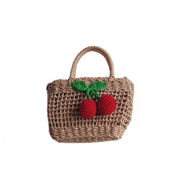Kirsebær firkantet taske hul hånd messenger fritid græs vævet taske strandtaske til kvinder (kaffe kirsebær)