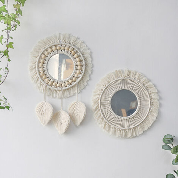 Boho Macrame Frynsevæg spejl med træperle fjer vedhæng Rund væg kunst spejl til soveværelse Entre Stue H