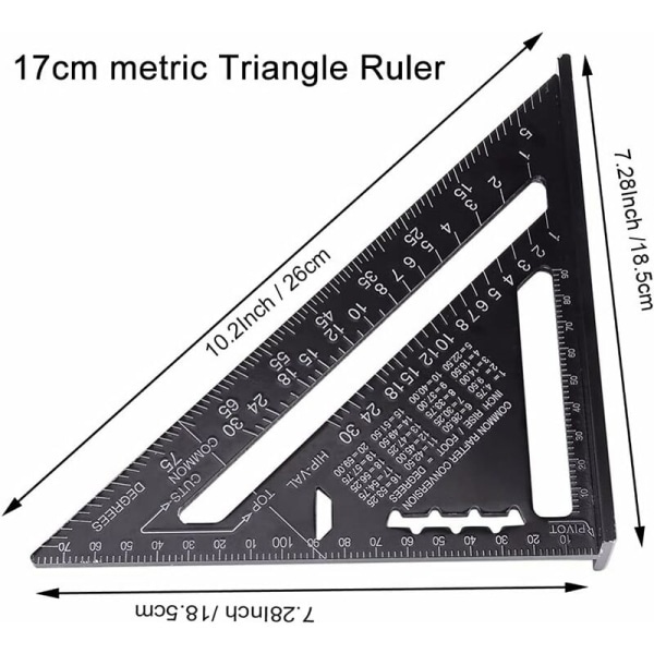 17 cm trekant vinkelmåler Aluminiumslegering Firkantet snekker Triangel Metrisk Profesjonell snekkervinkellinjal Trekantet R