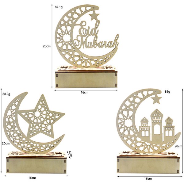 Puinen kuun LED-valo Creative Ramadan Decoration Eid al-Fitr Kodinsisustus Askartelukirjeet LED-valokoristeella (1 kpl)