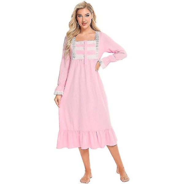 Victoriansk natkjole, langærmet bomulds-søvnskjorte M Pink