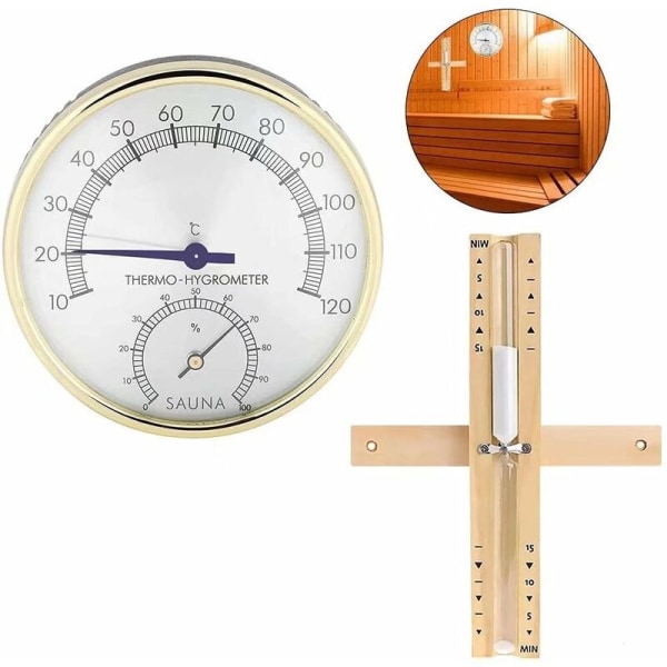 Badstutermometre Hygrometre og timeglass, 15-minutters timer 2-i-1 badstue-romtermometer Hygrometer,