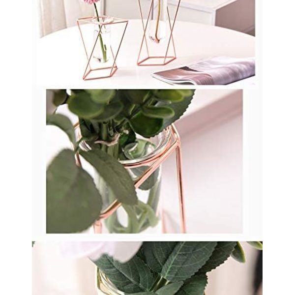 Glasvase med metalstativ, moderne geometrisk skrivebordsglasurtepotte, velegnet til indendørs hydroponiske planter (roseguld, L-størrelse)