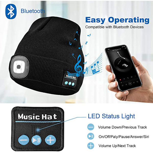 Lysende trådløs musik bluetooth beanie, indbyggede stereohøjttalere og mikrofon, USB genopladelig LED lysende strikket