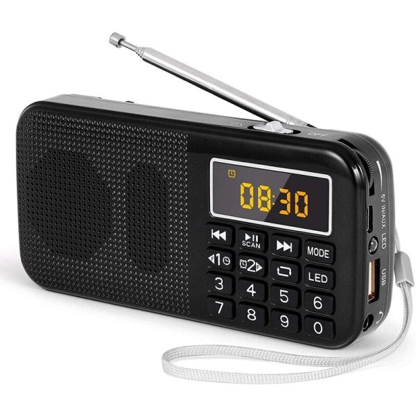J-725 Bärbar radio, FM-radio med laddningsbart batteri med stor kapacitet (3000mAh), med klocka/alarm och nödljus, stöder MP3/SD/ USB/AUX，