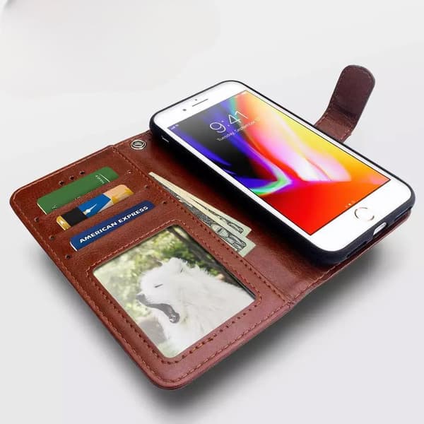 [HT]Plånboksfodral 'iPhone 14 Pro' i läder med stark magnet avtagbar Brown brown