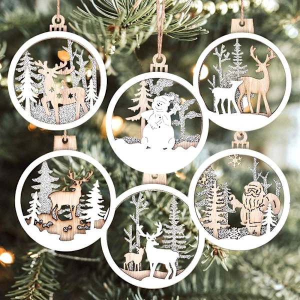 6 stykker hvit juletrepynt, Winter Wonderland-dekor, rustikk 3D-tregårdsjulepynt